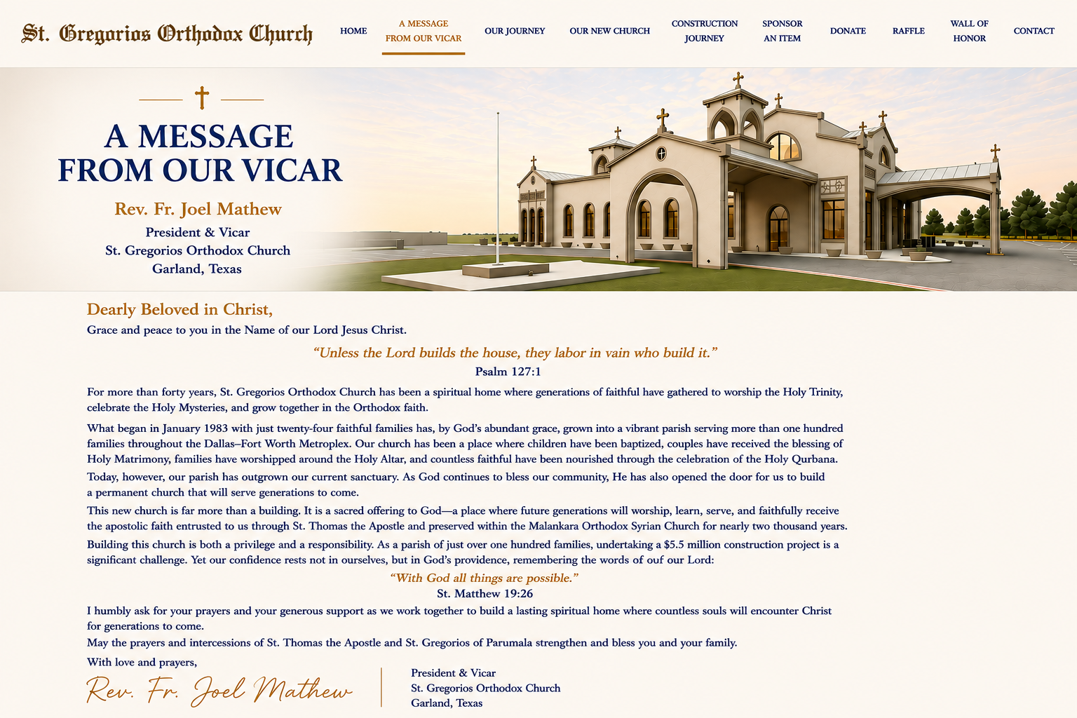 A Message from Our Vicar, Rev. Fr. Joel Mathew, for the St. Gregorios Orthodox Church New Church Building Campaign.